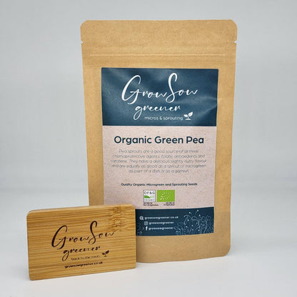 organic green pea microgreen and sprouting seeds in a compostable pouch