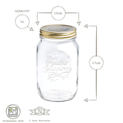 Wide Mouth Mason Jar (Size: 1L) - Pairs with our Stainless Steel Lids